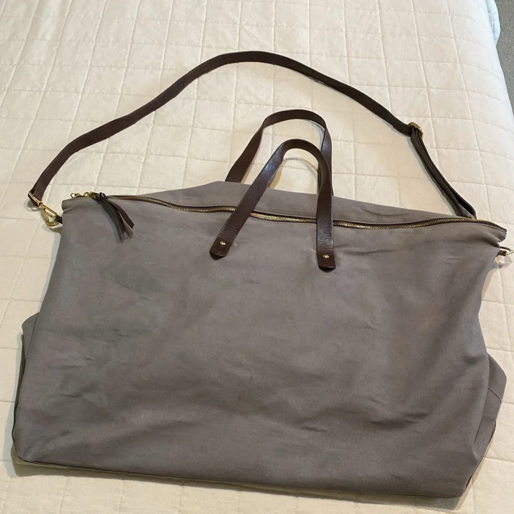 Cuyana Gray Canvas and Brown Leather Overnight Bag